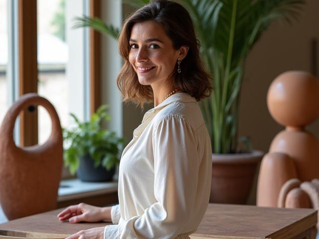 Isabella Conti fondatrice di Eco Tela nel suo atelier a Firenze, circondata da materiali naturali e opere d'arte ispirate alla foresta pluviale.